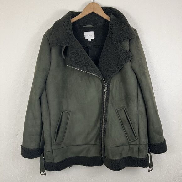 LOFT Faux Suede Shearling Aviator Coat Womens Plus Size XXL Olive Green - Picture 2 of 8
